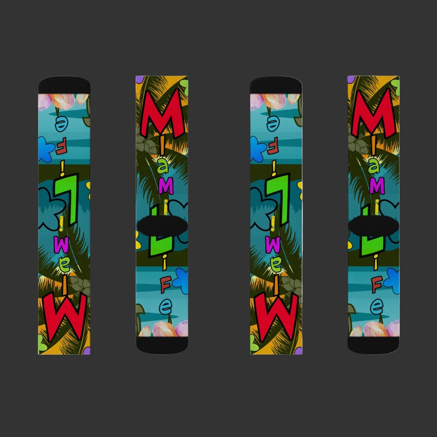 Colorful sock design with abstract patterns and text on a white background