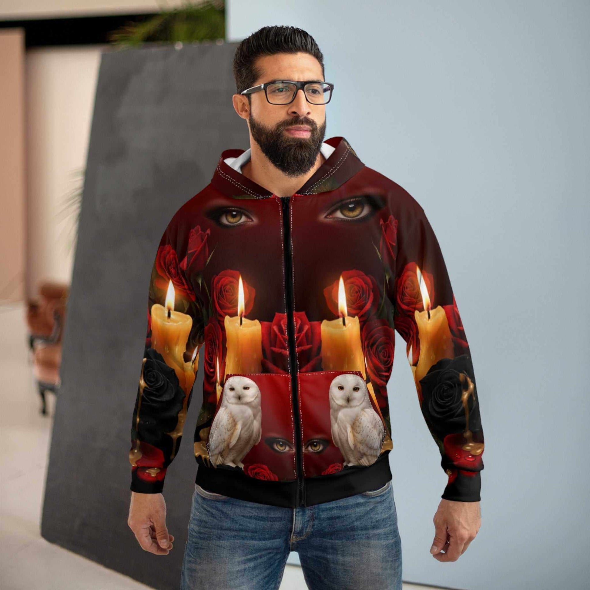 Red and black rose hoodie with white owl and melting candles design, zip-up style with gradient backdrop