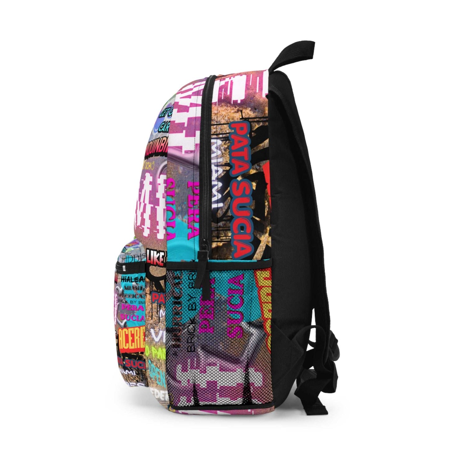 Miami Vibes Graphic Backpack with neon graffiti street art and multiple compartments for travel and daily use