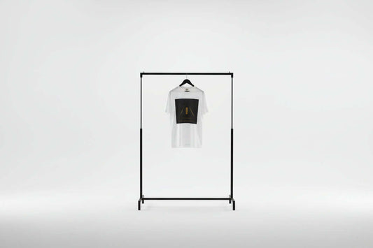 White t-shirt with a black graphic 'The Golden Standard of Awareness".