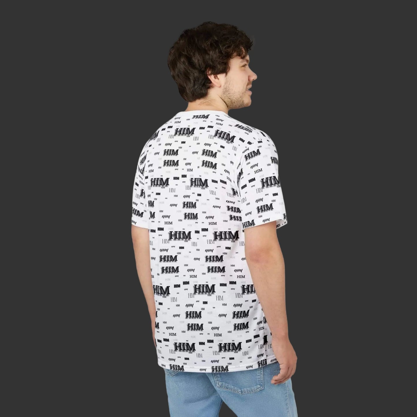HIM All-Over Print Tee with bold graphic design, durable polyester fabric, ribbed collar, and regular fit