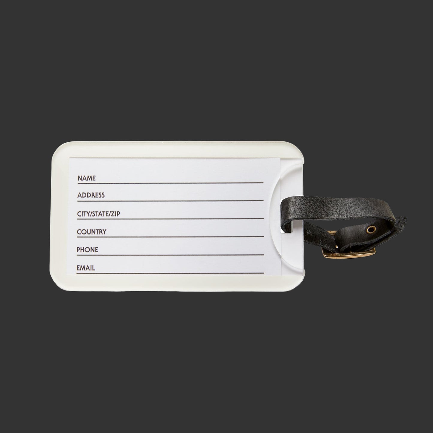 White luggage tag with black text field and leather strap on a white background