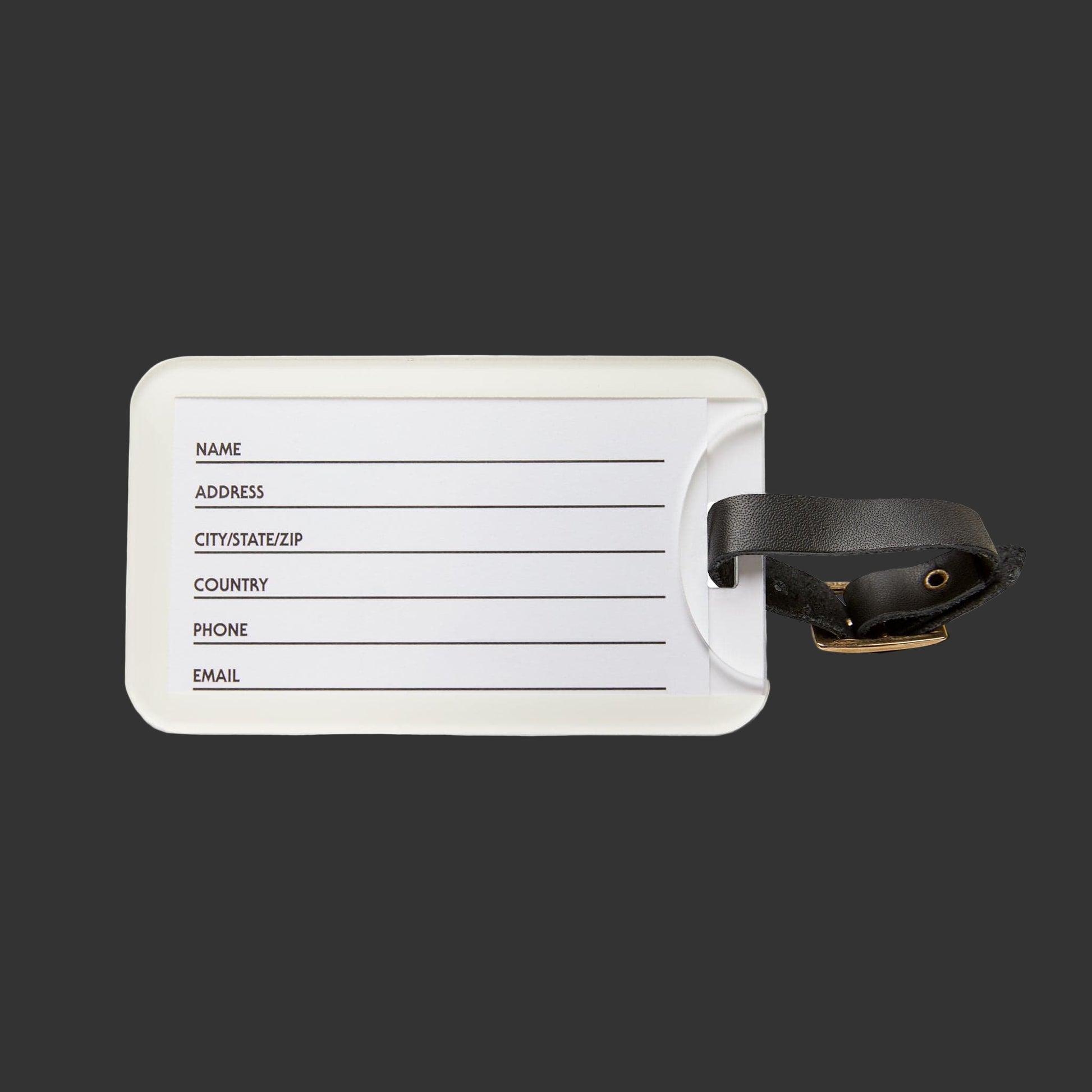 White luggage tag with black text field and leather strap on a white background
