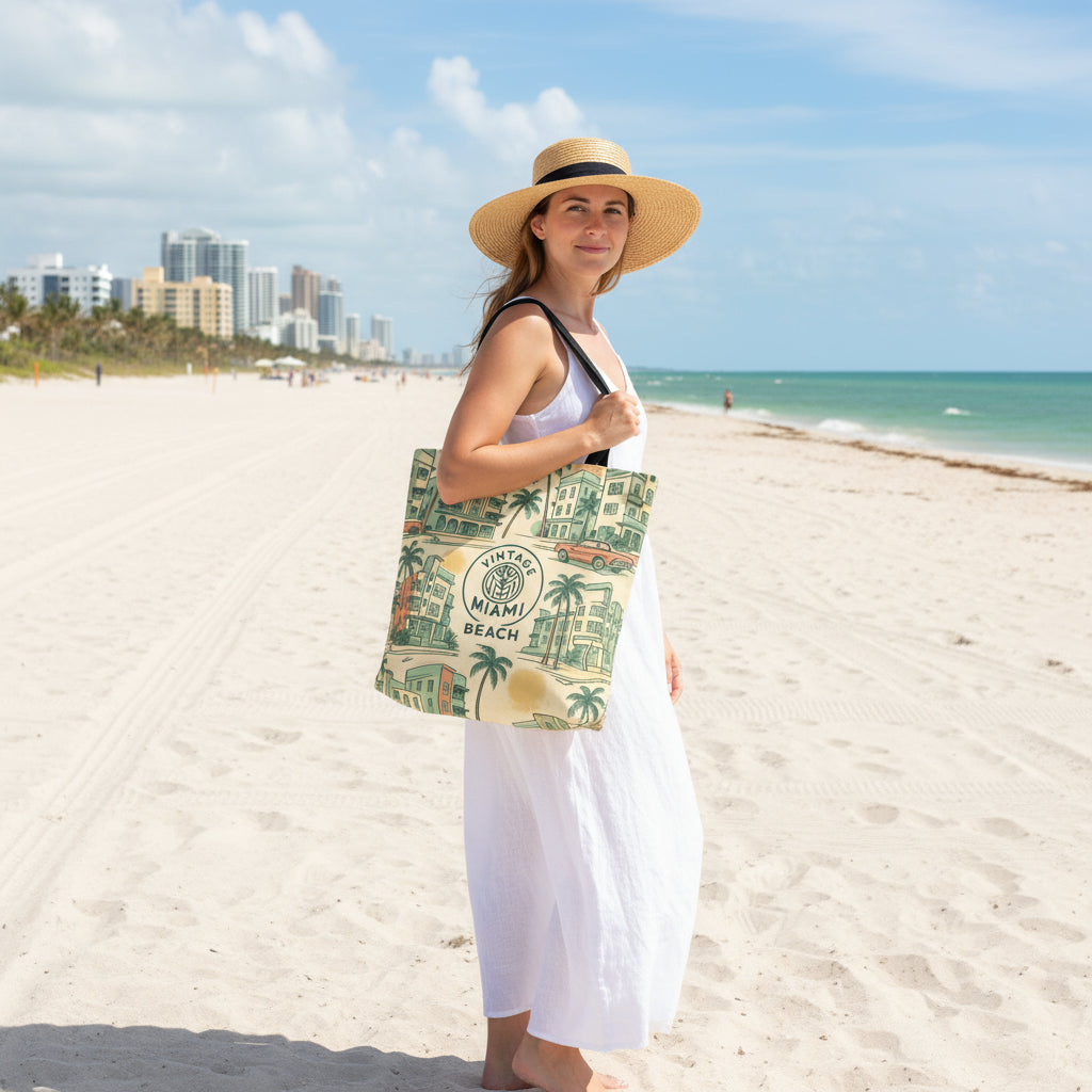 Tote bag with vintage Miami Beach design featuring palm trees and buildings.