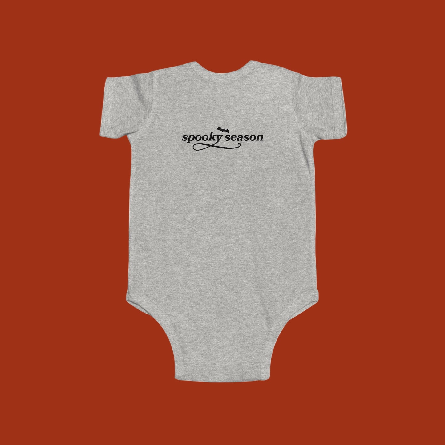 Gray baby onesie with 'spooky season' text on a white background-(Back)