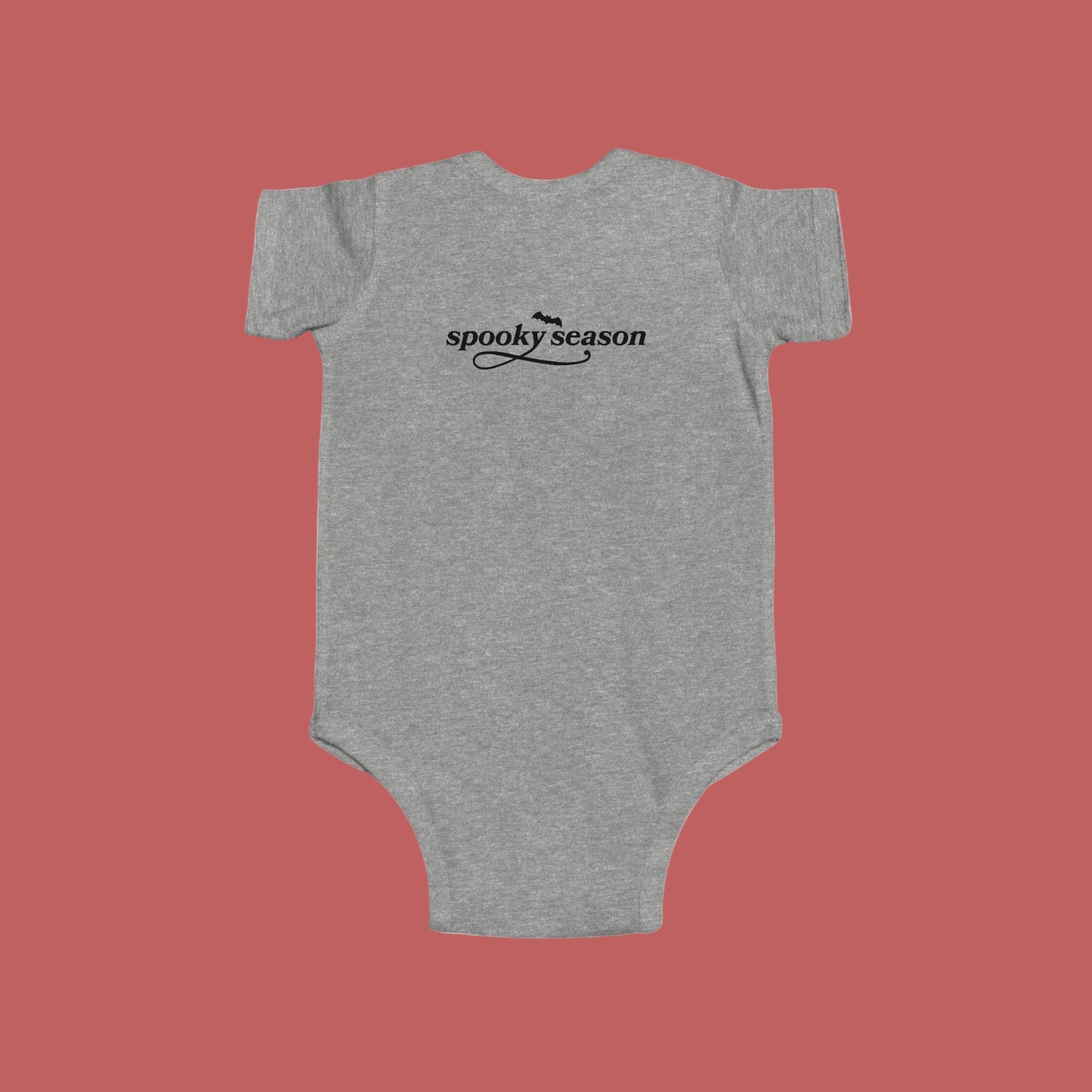 Gray baby onesie with 'spooky season' text on a white background-(Back)