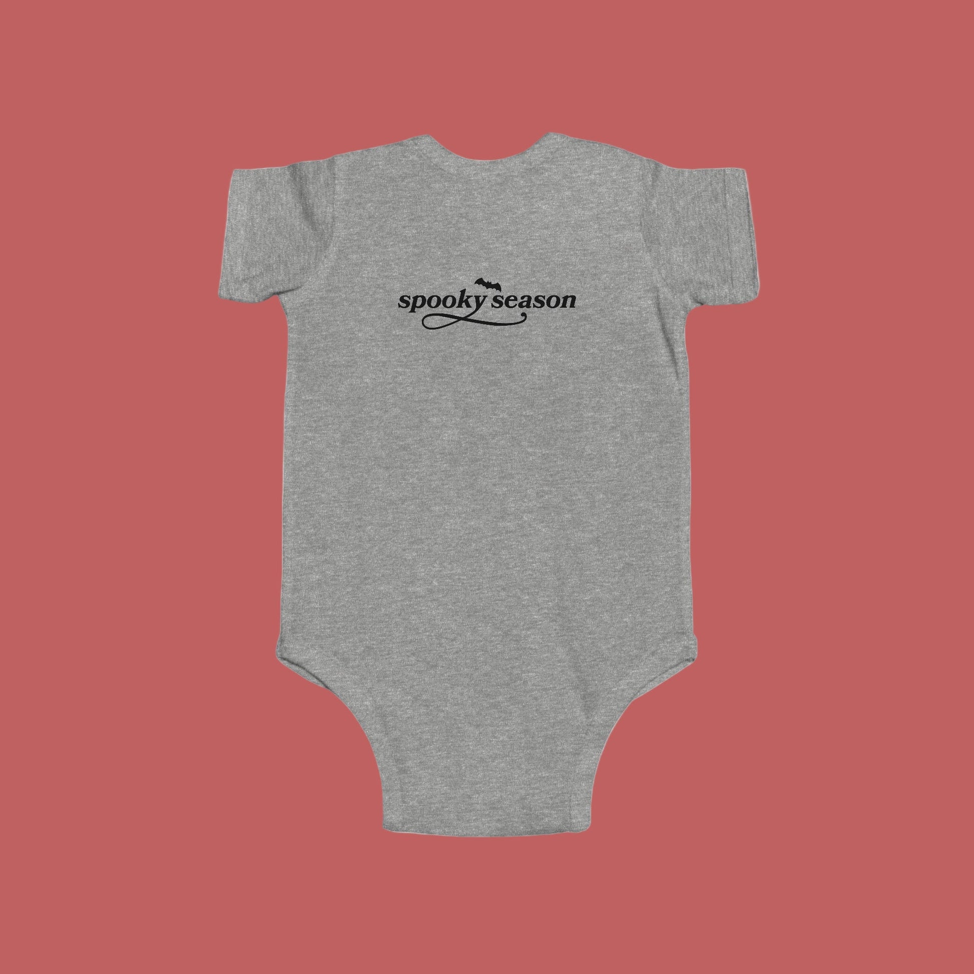Gray baby onesie with 'spooky season' text on a white background-(Back)