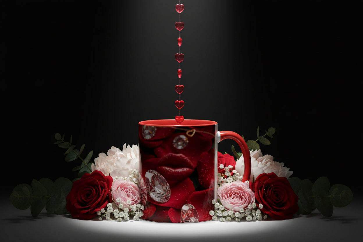 Red accent coffee mug with a design of lips, diamonds, and a heart on a white background