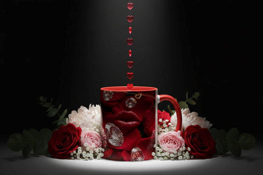 Red accent coffee mug with a design of lips, diamonds, and a heart on a white background