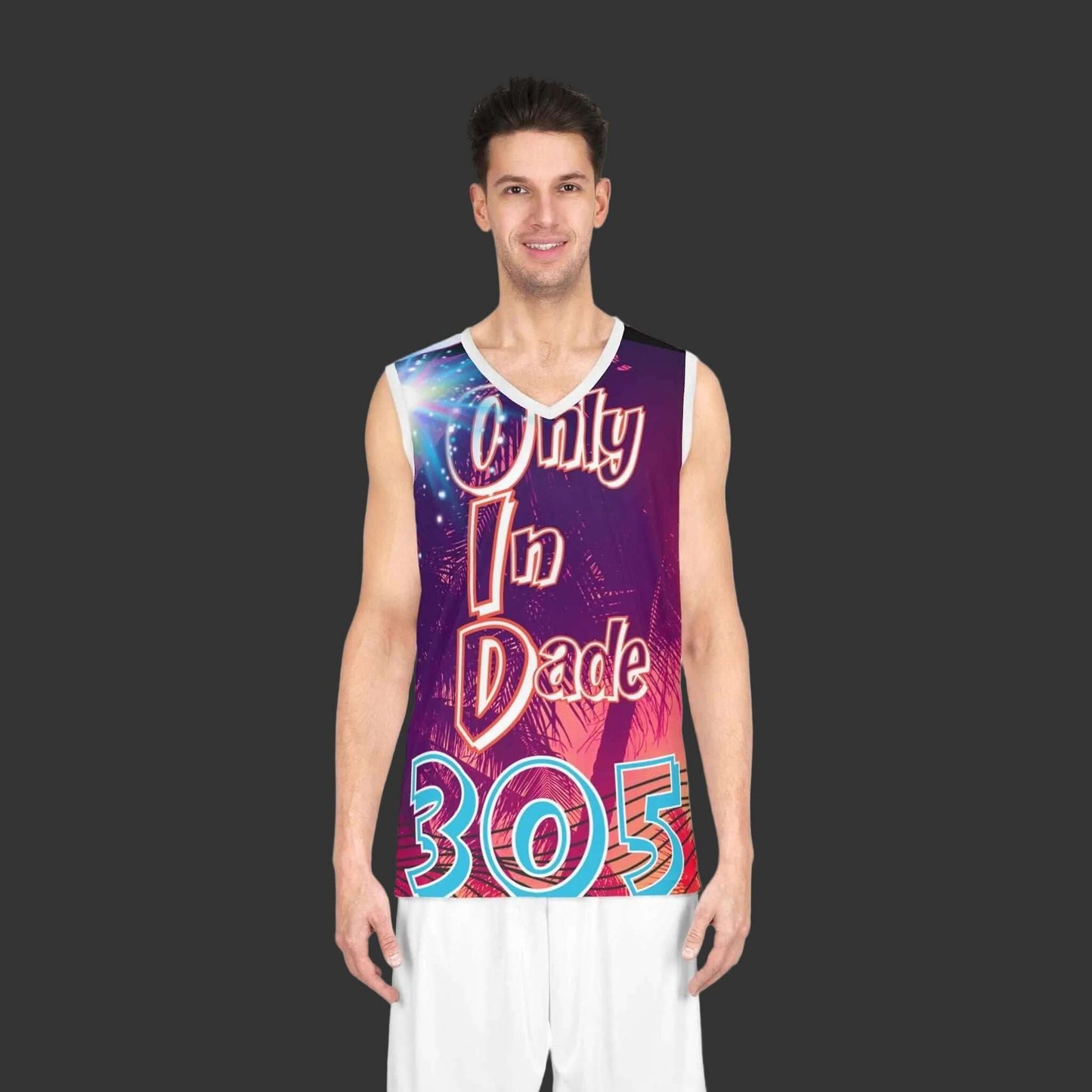 Miami 305 'Only in Dade' Basketball Jersey — Tropical AOP 305 tropical basketball jersey with "Only in Dade" logo and vibrant palm print