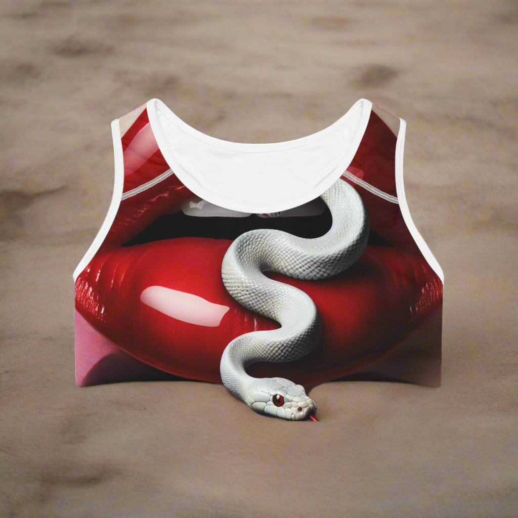 Sports Bra with Edgy Red Lips and Whitesnake Print