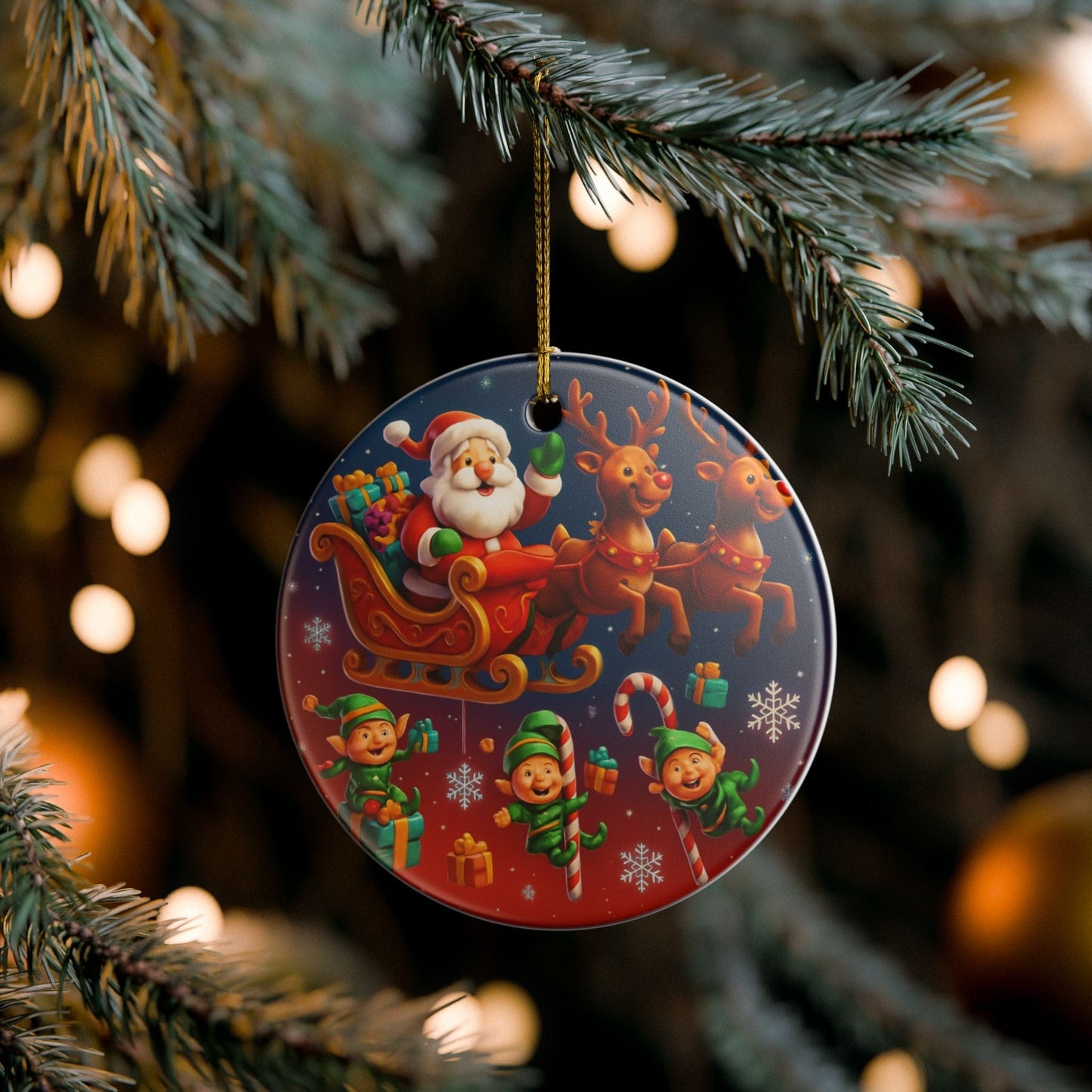 Santa Sleigh Ceramic Ornament depicting colorful reindeer and elves in flight on glossy white ceramic with gold hanging string