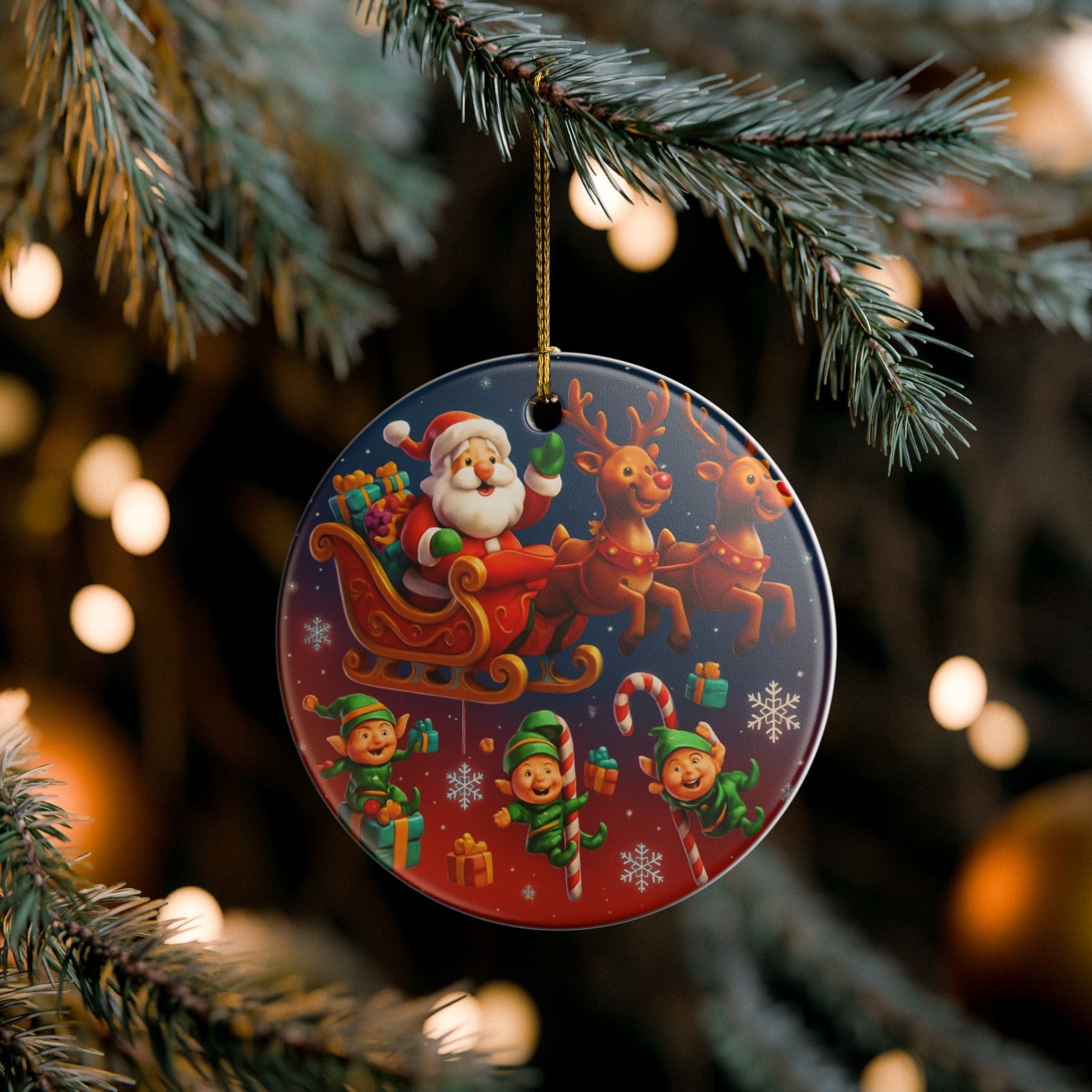 Santa Sleigh Ceramic Ornament depicting colorful reindeer and elves in flight on glossy white ceramic with gold hanging string