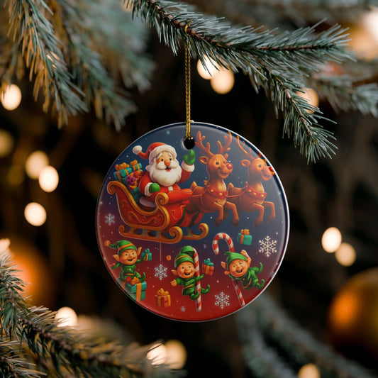 Santa Sleigh Ceramic Ornament depicting colorful reindeer and elves in flight on glossy white ceramic with gold hanging string