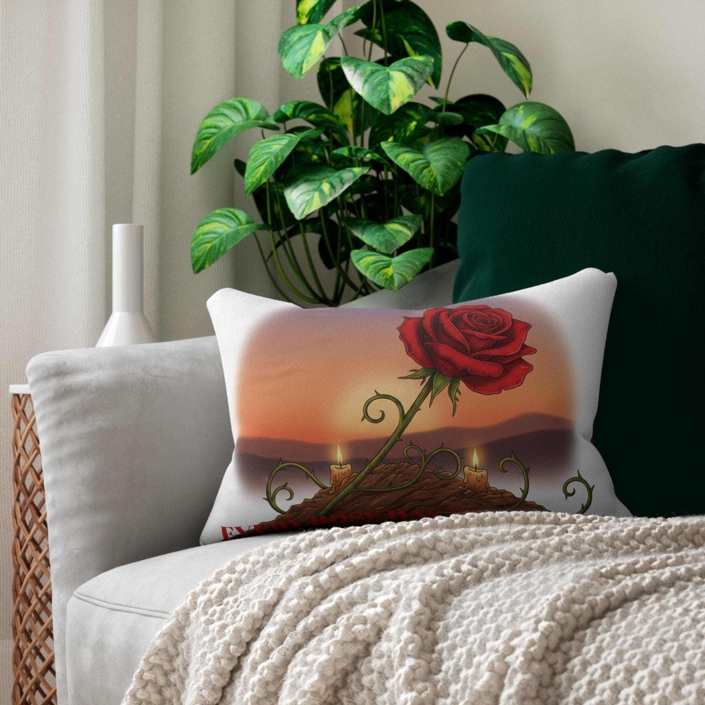 Lumbar Pillow — Romantic Rose Sunset Design Decorative pillow with a rose design on a couch next to a plant