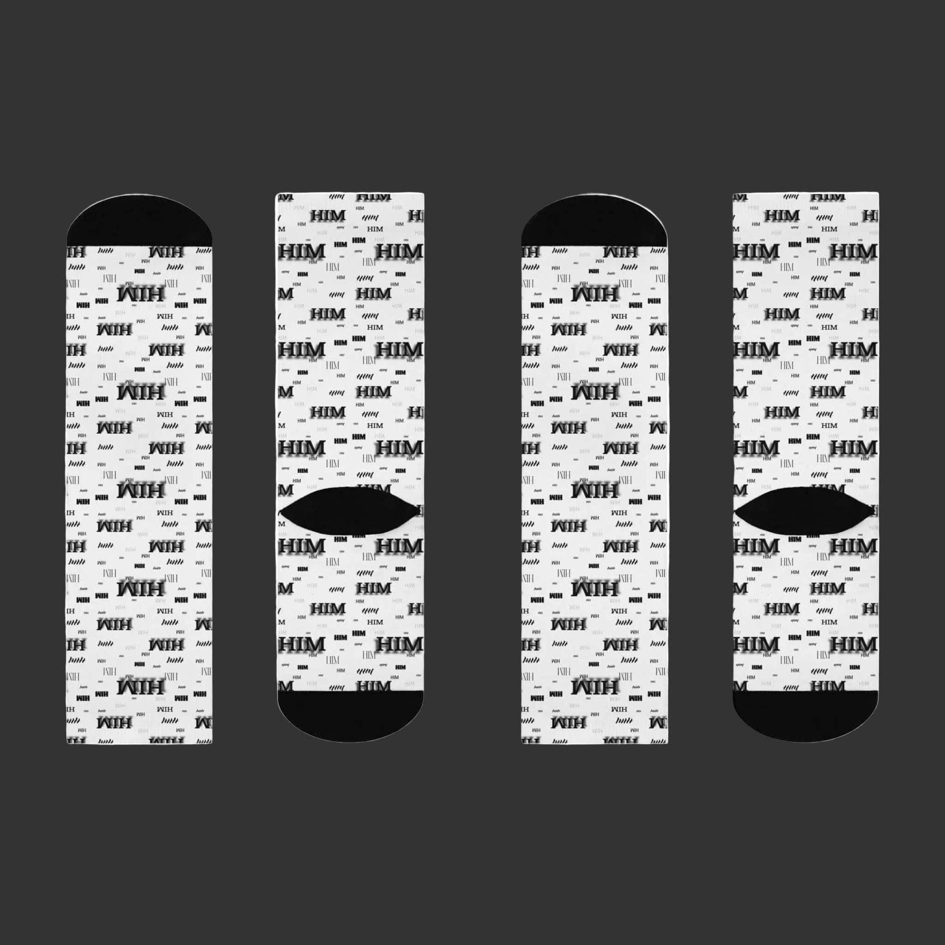 Black and white HIM Pattern Cushioned Socks with crew length and cushioned soles for comfort