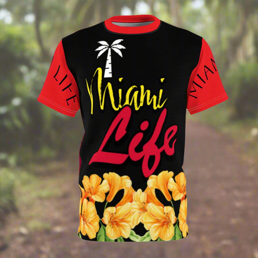 T-shirt with 'Miami Life' text and palm tree design on a black background