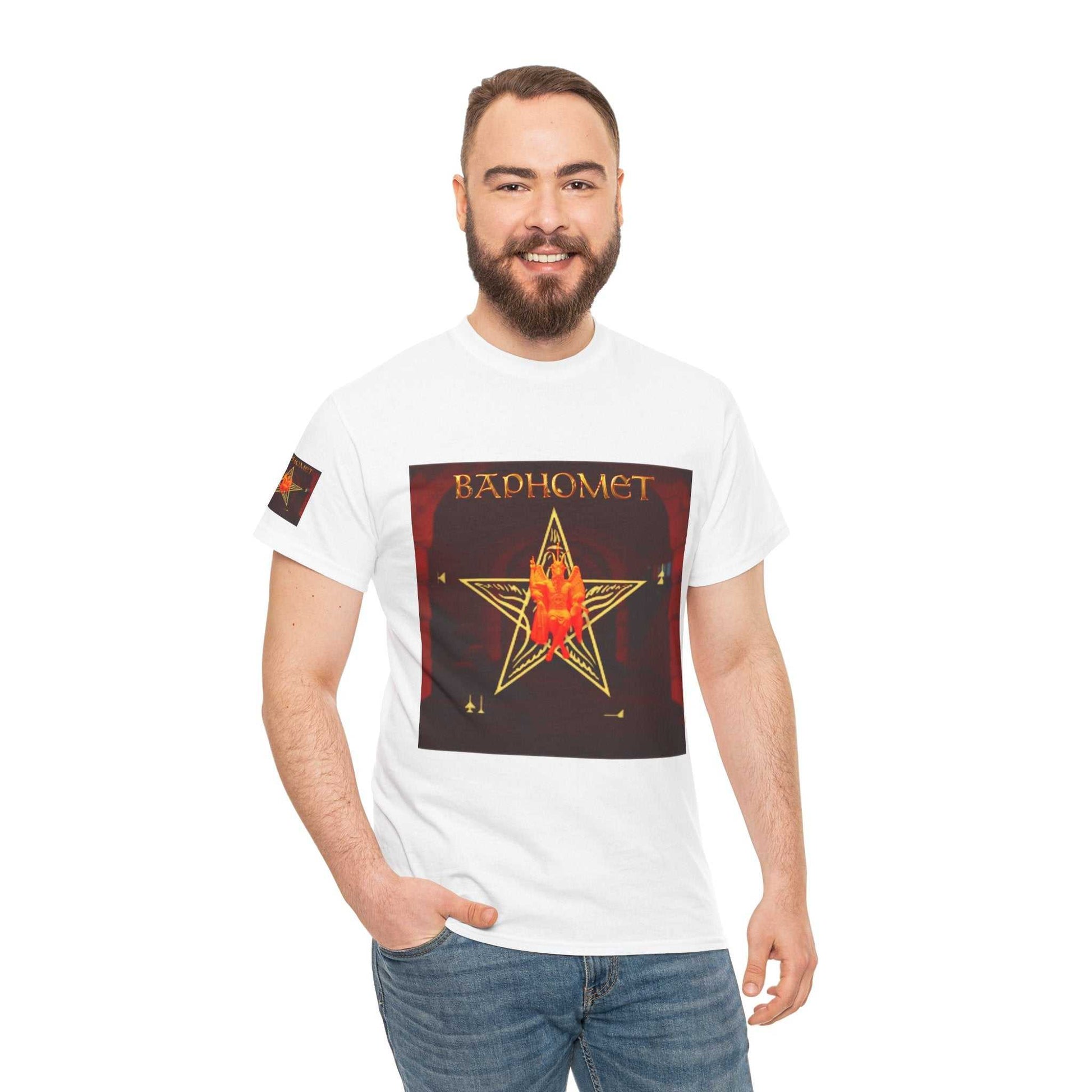 Red-to-black Baphomet Pentagram Tee with inverted pentagram graphic on chest