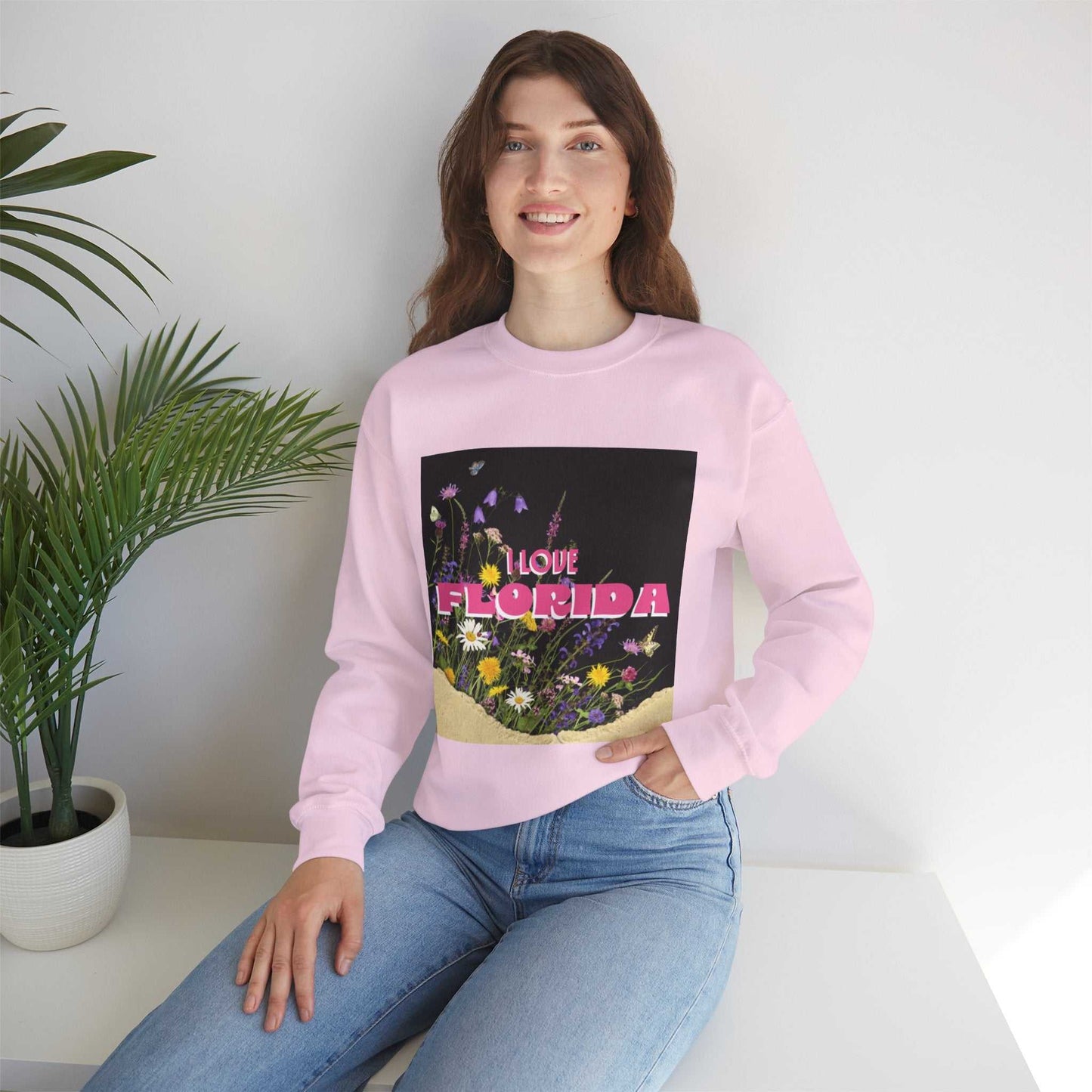 Black I Love Florida crewneck sweatshirt with pink floral design and vintage style lettering
