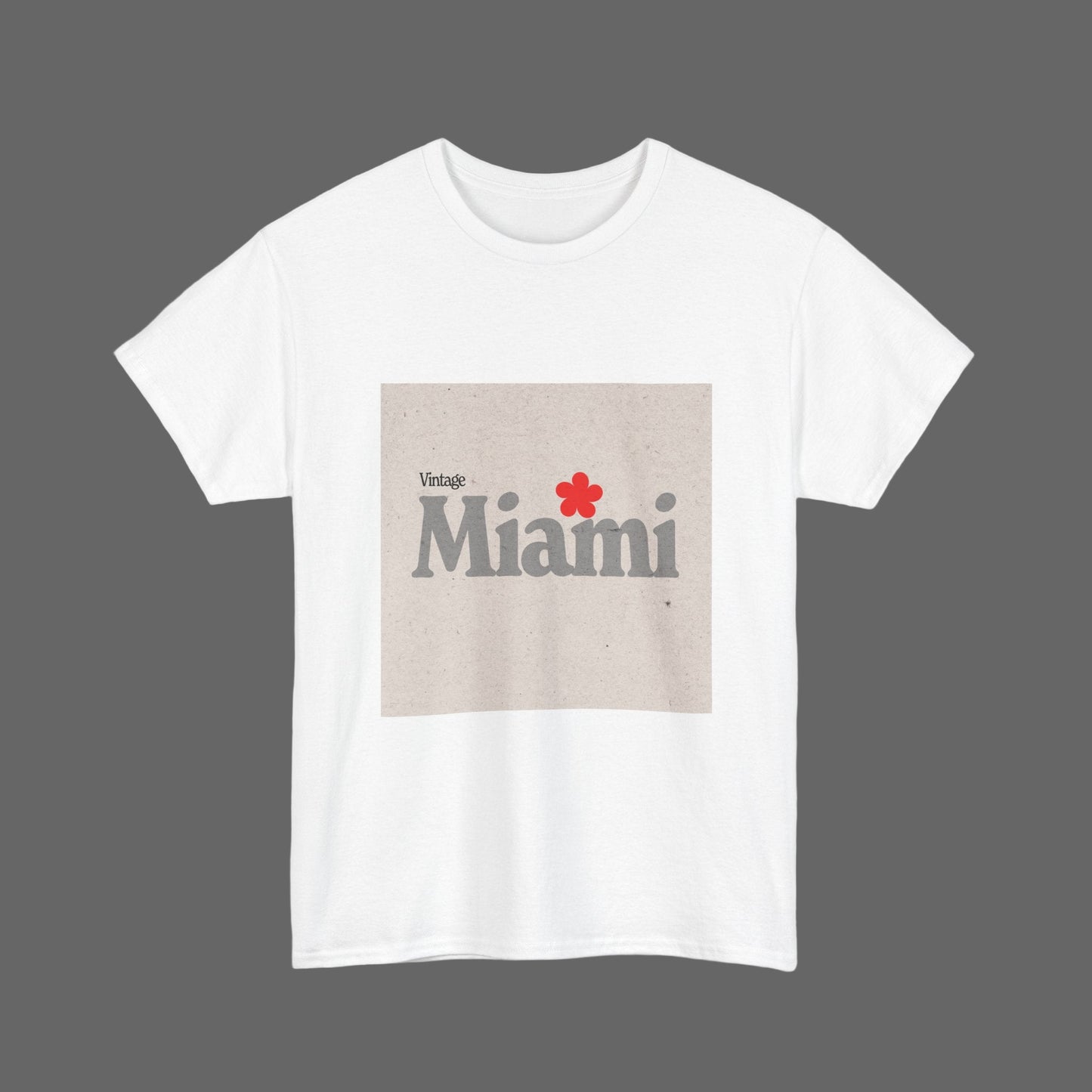 White t-shirt with 'Vintage Miami' graphic on a white background