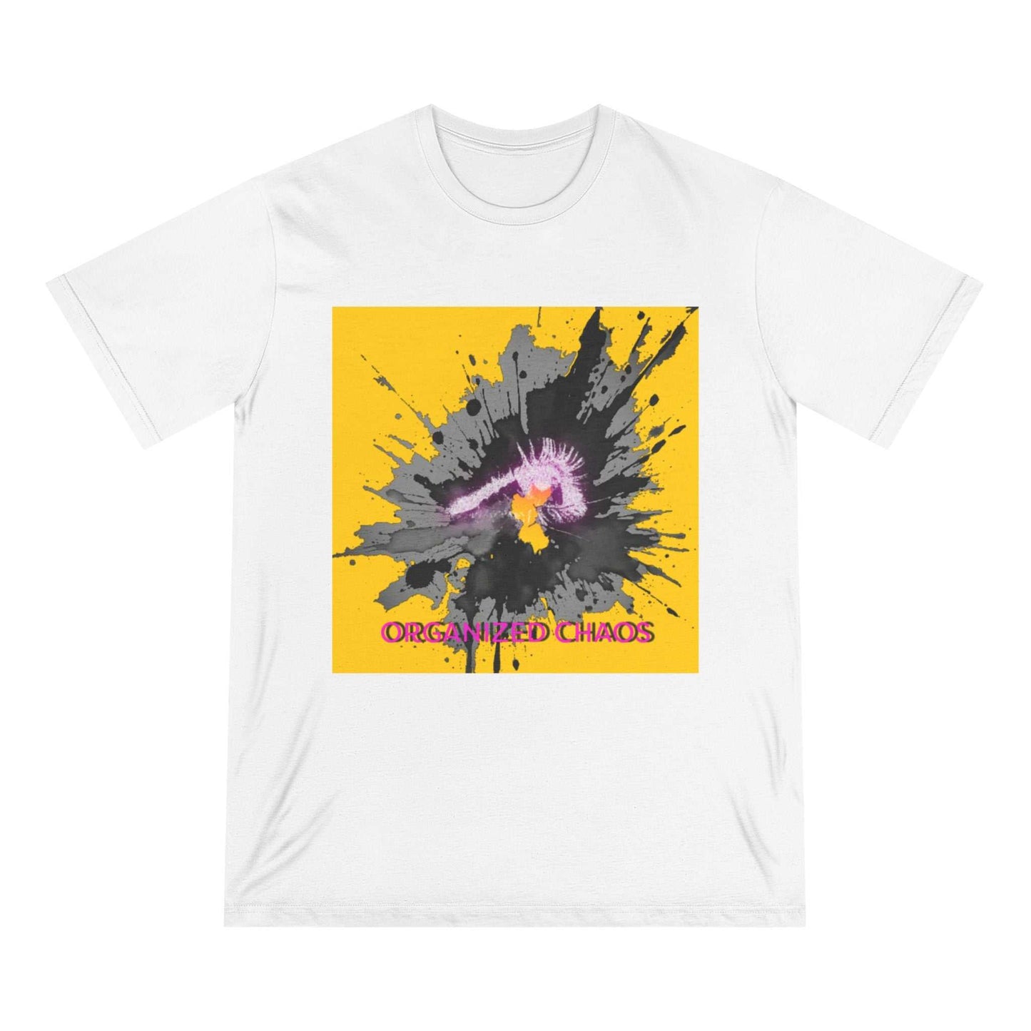Pop art eye silhouette neon purple pink on yellow organic cotton t-shirt