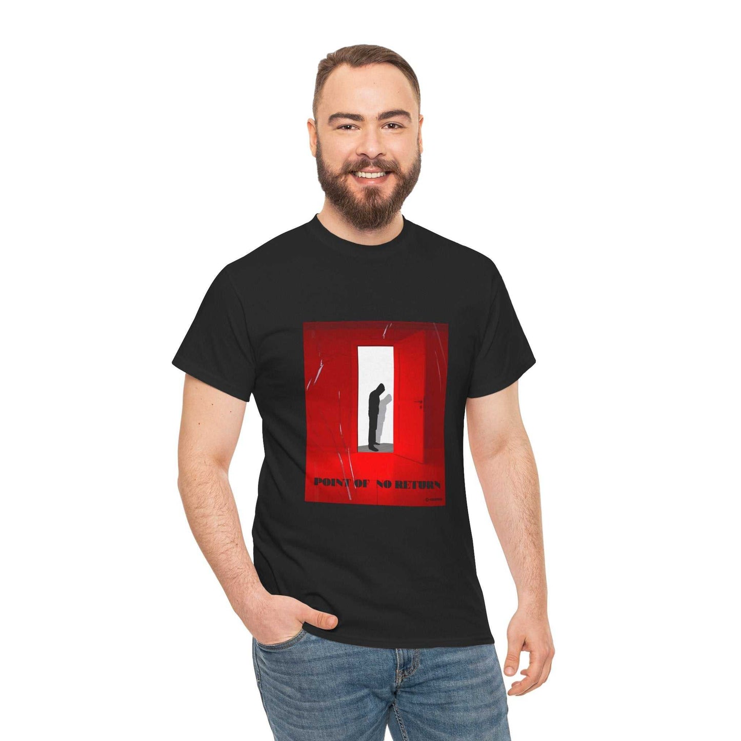Point of No Return T-Shirt with man silhouette at door in red light room design