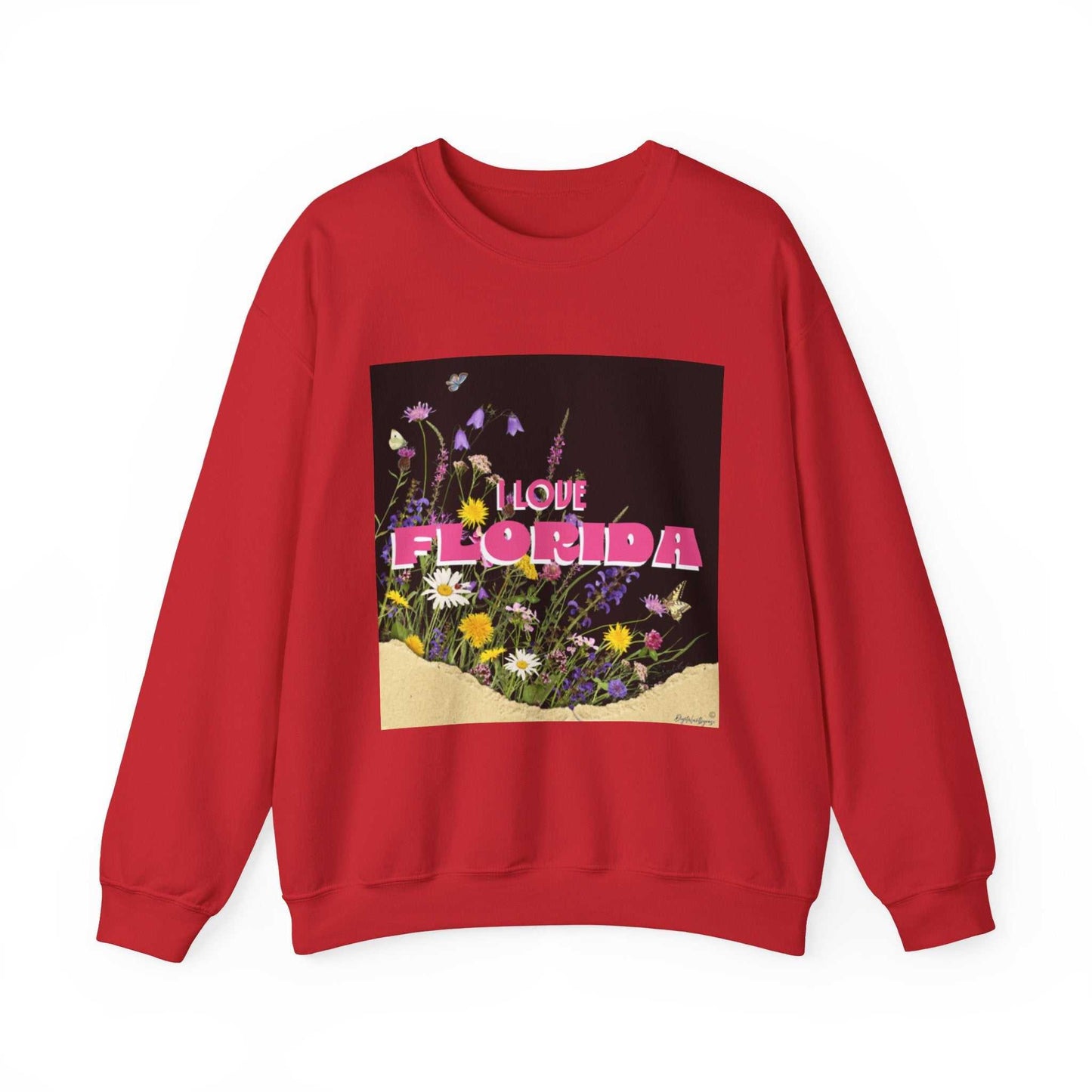 Black crewneck sweatshirt with I Love Florida pink lettering and floral design