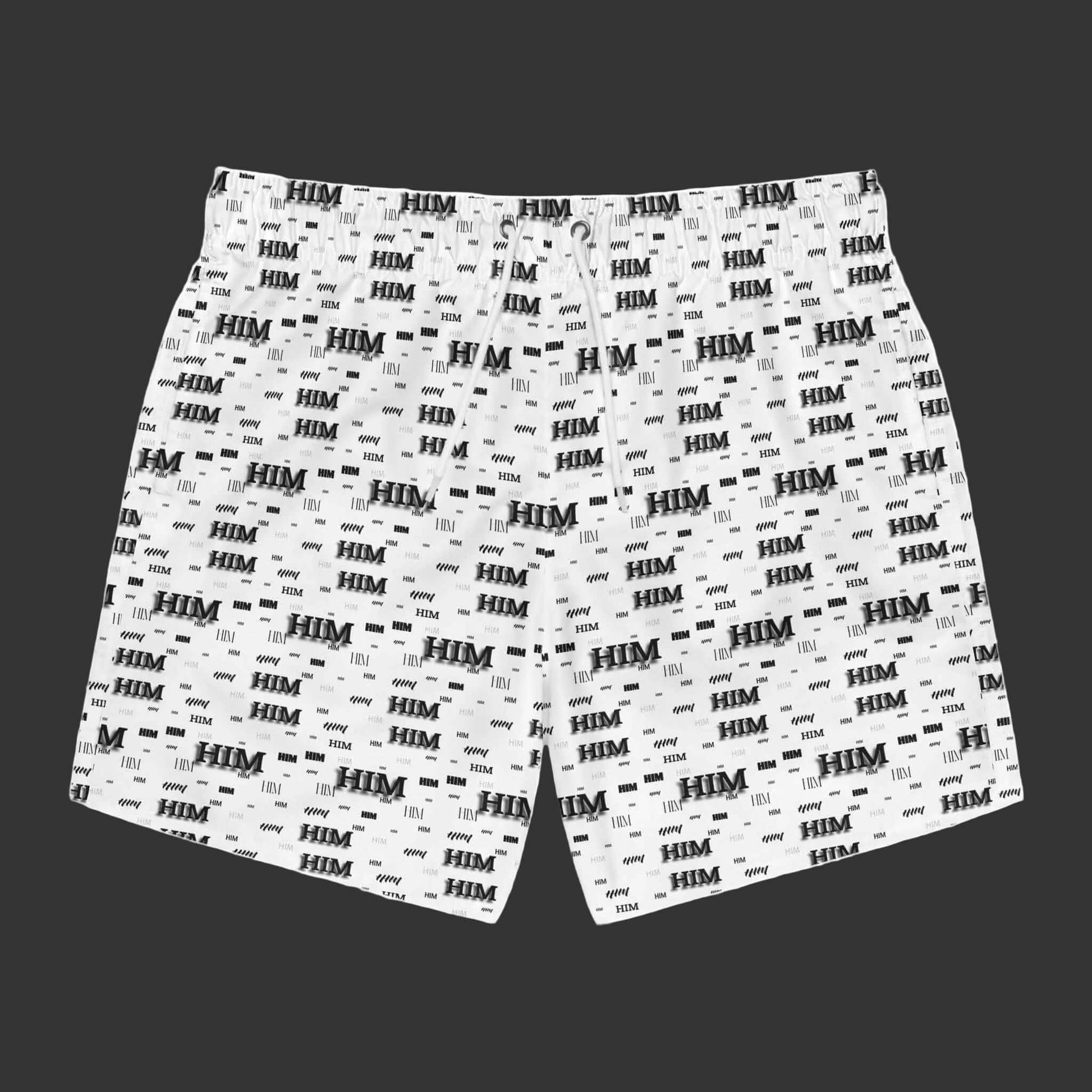 HIM Pattern Swim Trunks with bold all-over print and adjustable drawstring waist