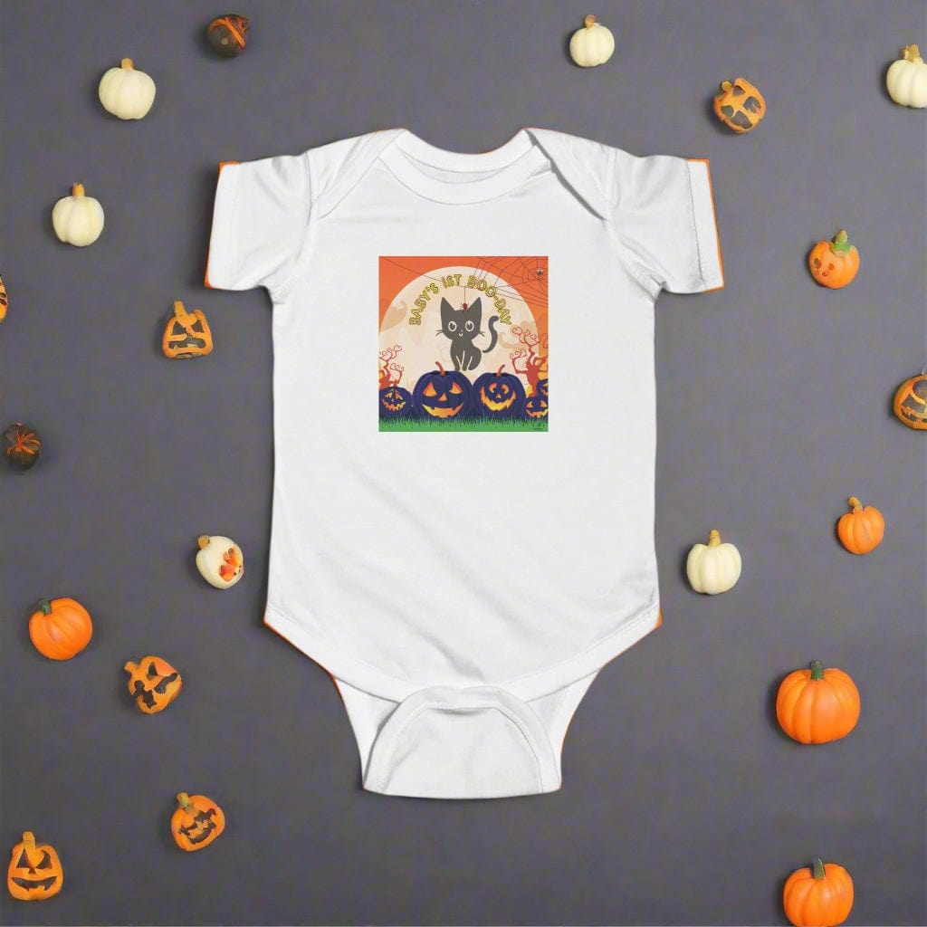 White baby onesie with Halloween-themed design on a gray background with decorative pumpkins.