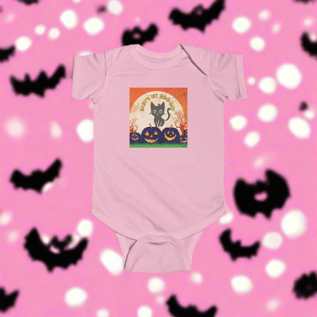 Pink baby onesie with Halloween design featuring a cat and pumpkins on a white background