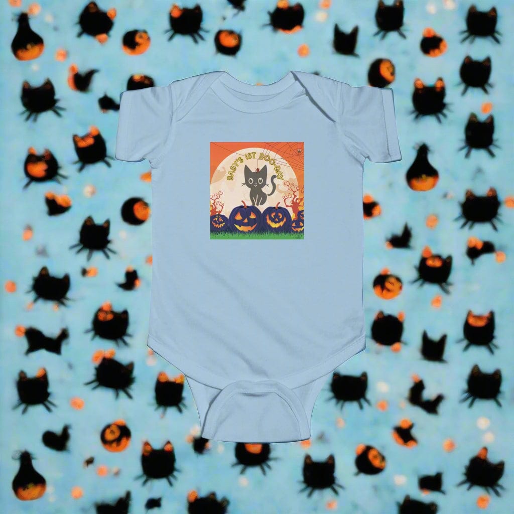 Light blue baby onesie with Halloween design featuring a cat and pumpkins on a white background.