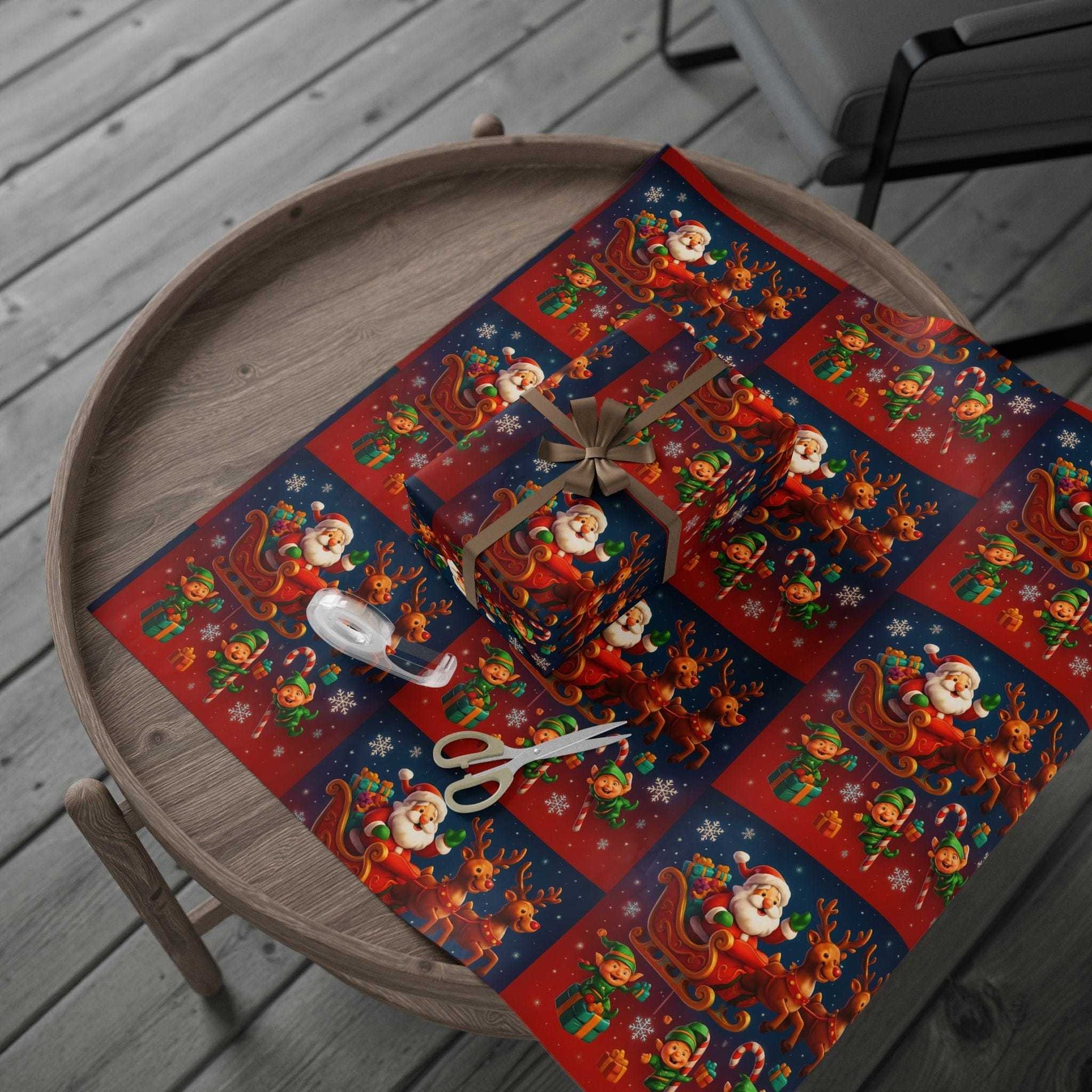 Santa Elves & Reindeer Shower Wrapping Paper, elves, and reindeer festive wrapping paper with dusted rooftops and playful holiday scenes