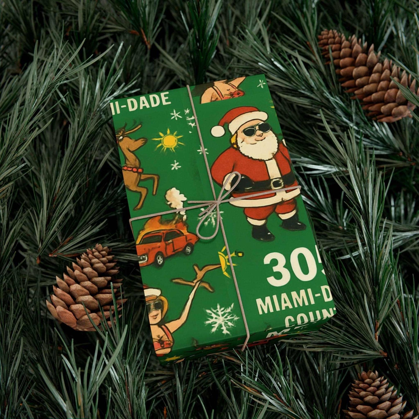 Miami Santa Gift Wrap Paper with vibrant lowrider Santa design on durable, recyclable satin or matte paper.