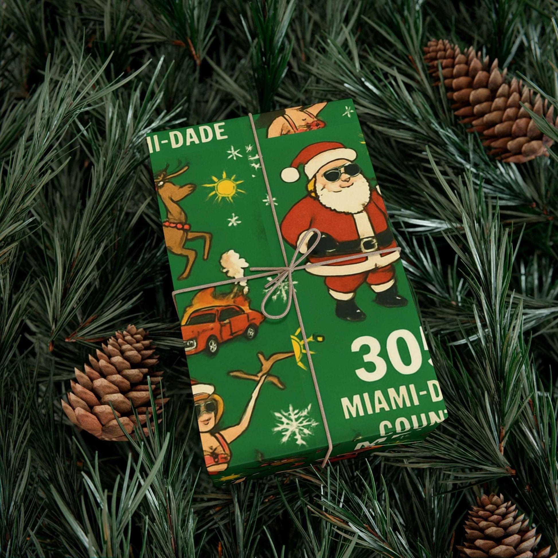 Miami Santa Gift Wrap Paper with vibrant lowrider Santa design on durable, recyclable satin or matte paper.