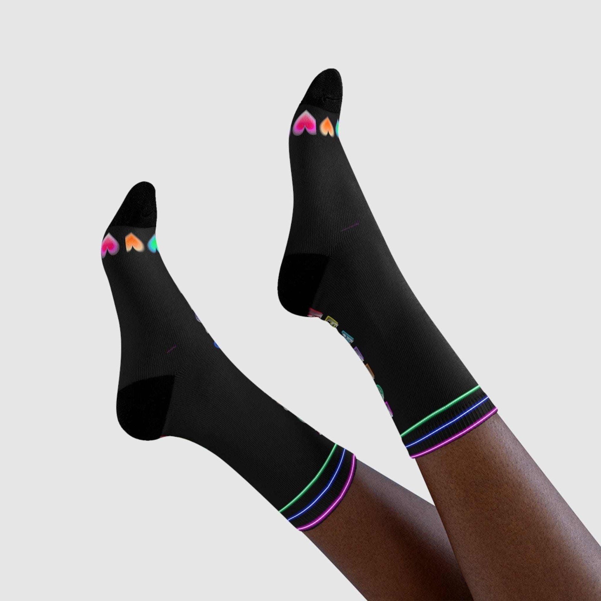 Forever Young Neon Crew Socks with vibrant neon lines and heart toe design, mid-calf length