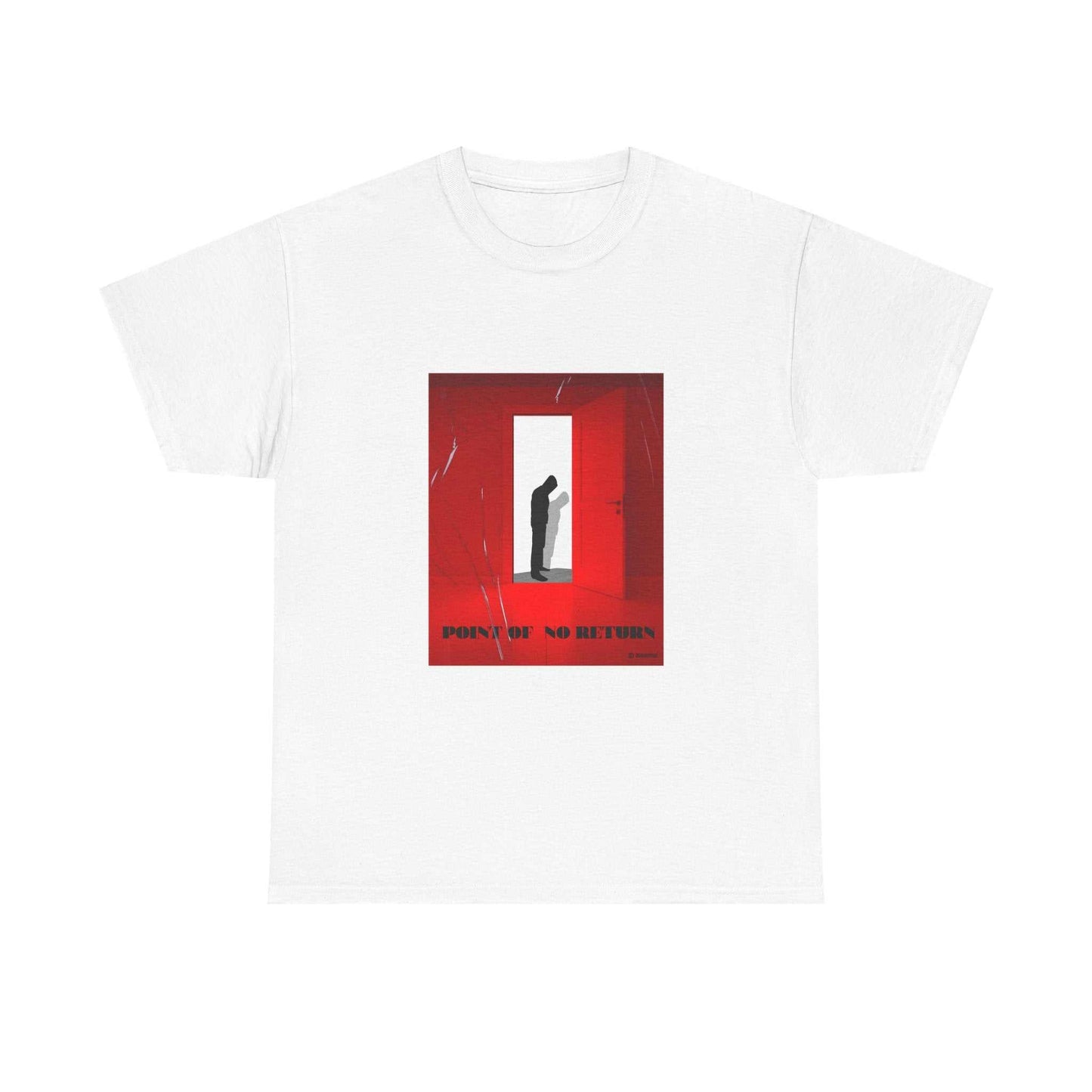 Point of No Return T-Shirt with silhouette of man at red-lit doorway on black fabric