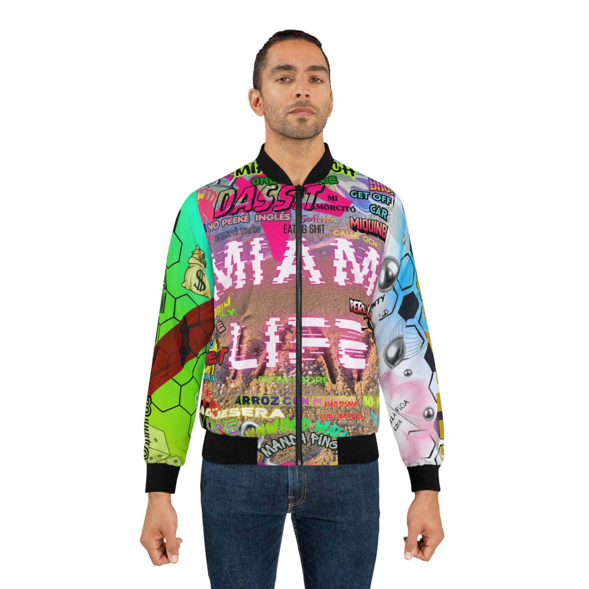 Miami Slang neon bomber jacket with vibrant graffiti and sticker collage design