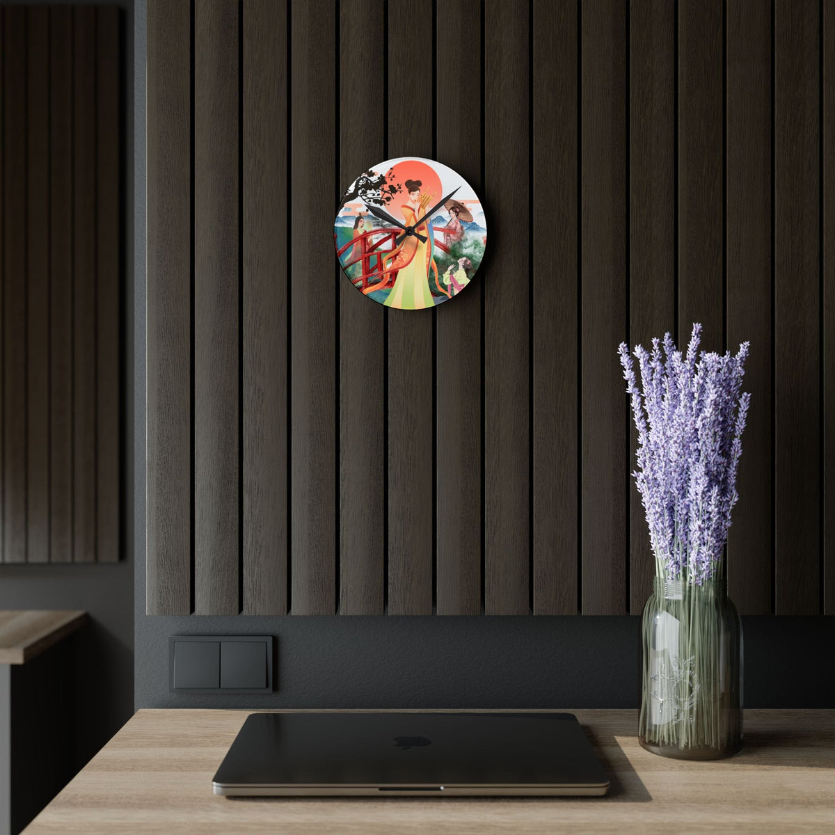 Oriental Garden Acrylic Wall Clock — Asian-Inspired Scenic Art Timepiece