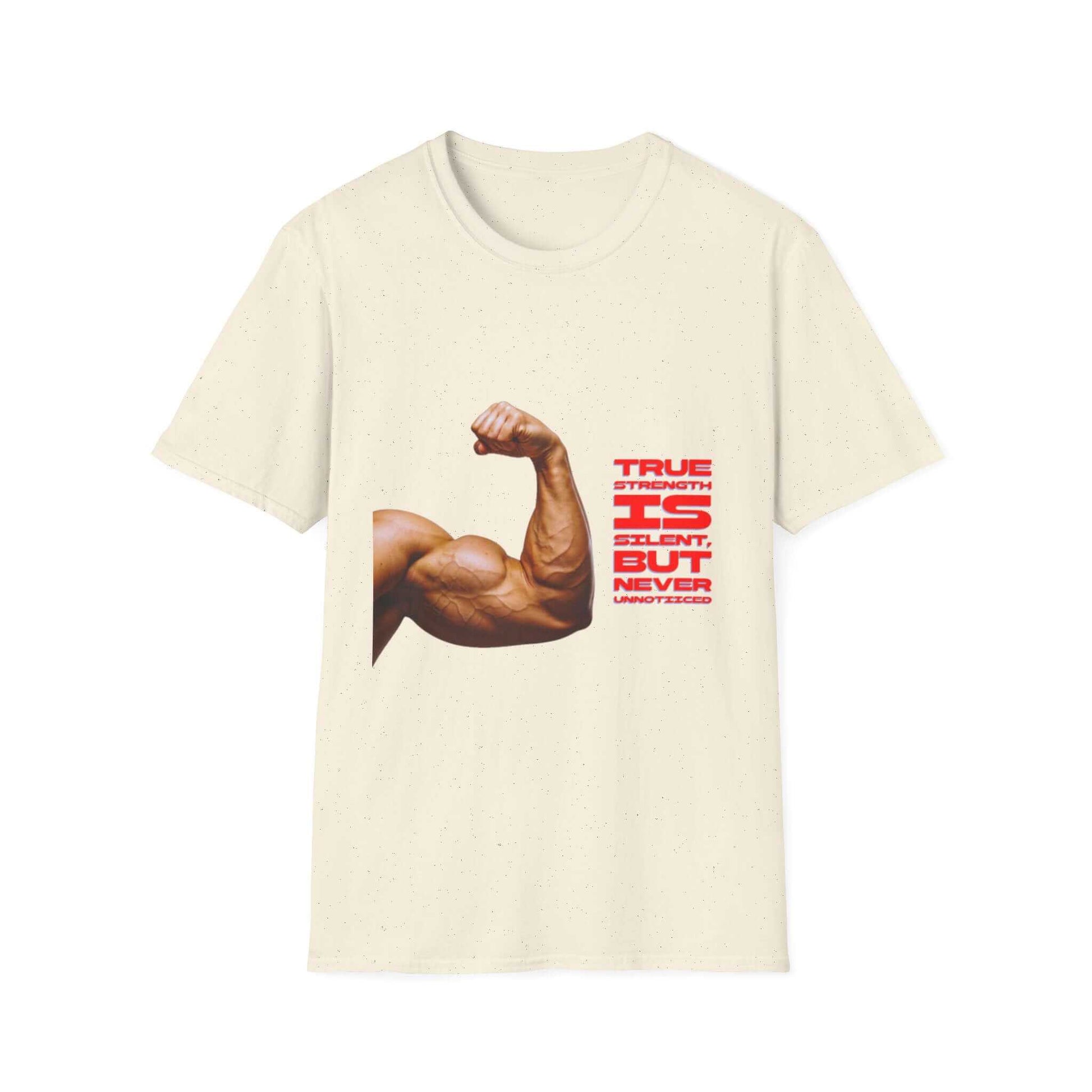 Gym tee- 'True strength is Silent But never Unnoticed Flex T-Shirt with bold red flexing arm graphic and motivational text on lightweight cotton gym tee