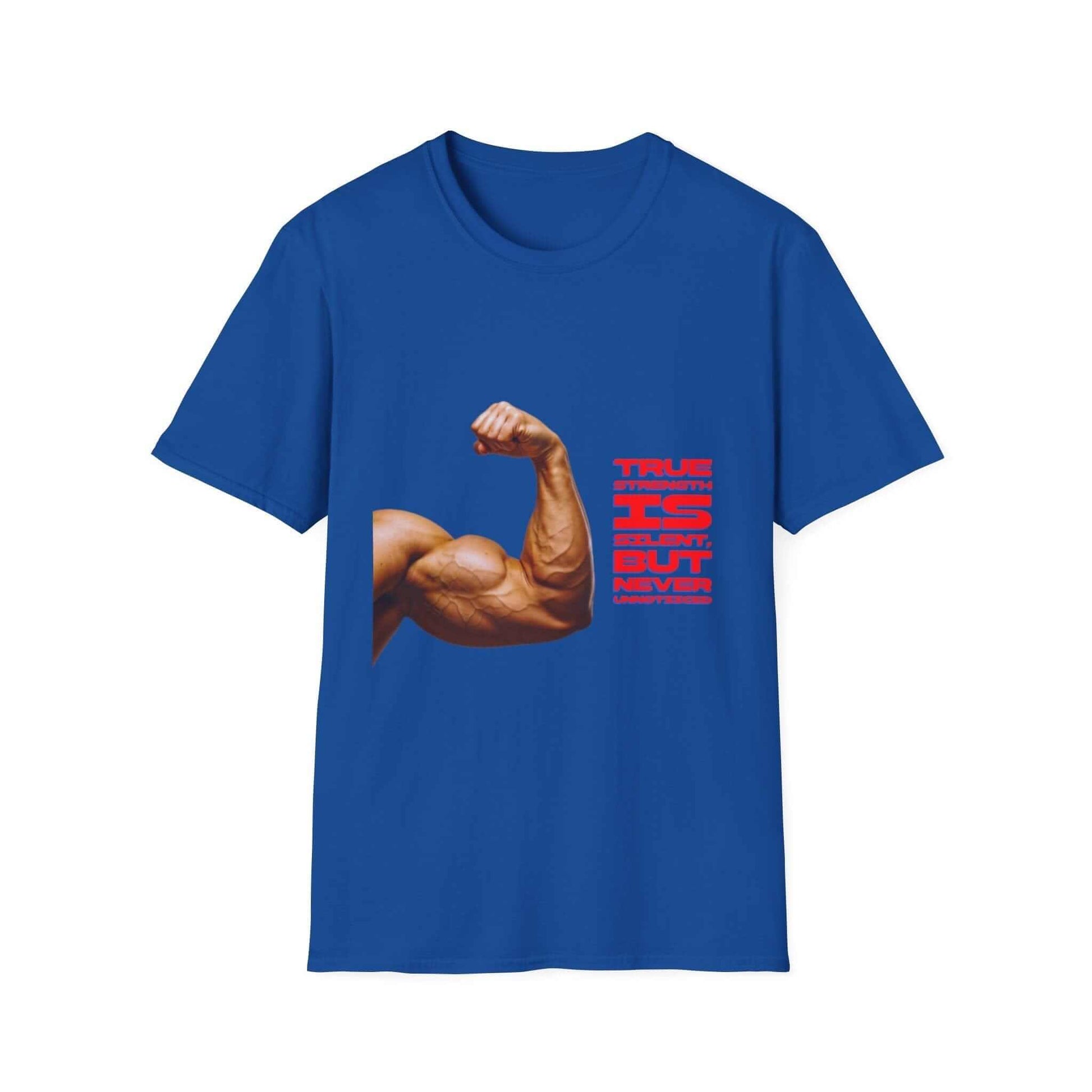 Gym tee- 'True strength is Silent But never Unnoticed Flex T-Shirt with bold flexing arm graphic and "True Strength Is Silent But Never Unnoticed" gym tee design