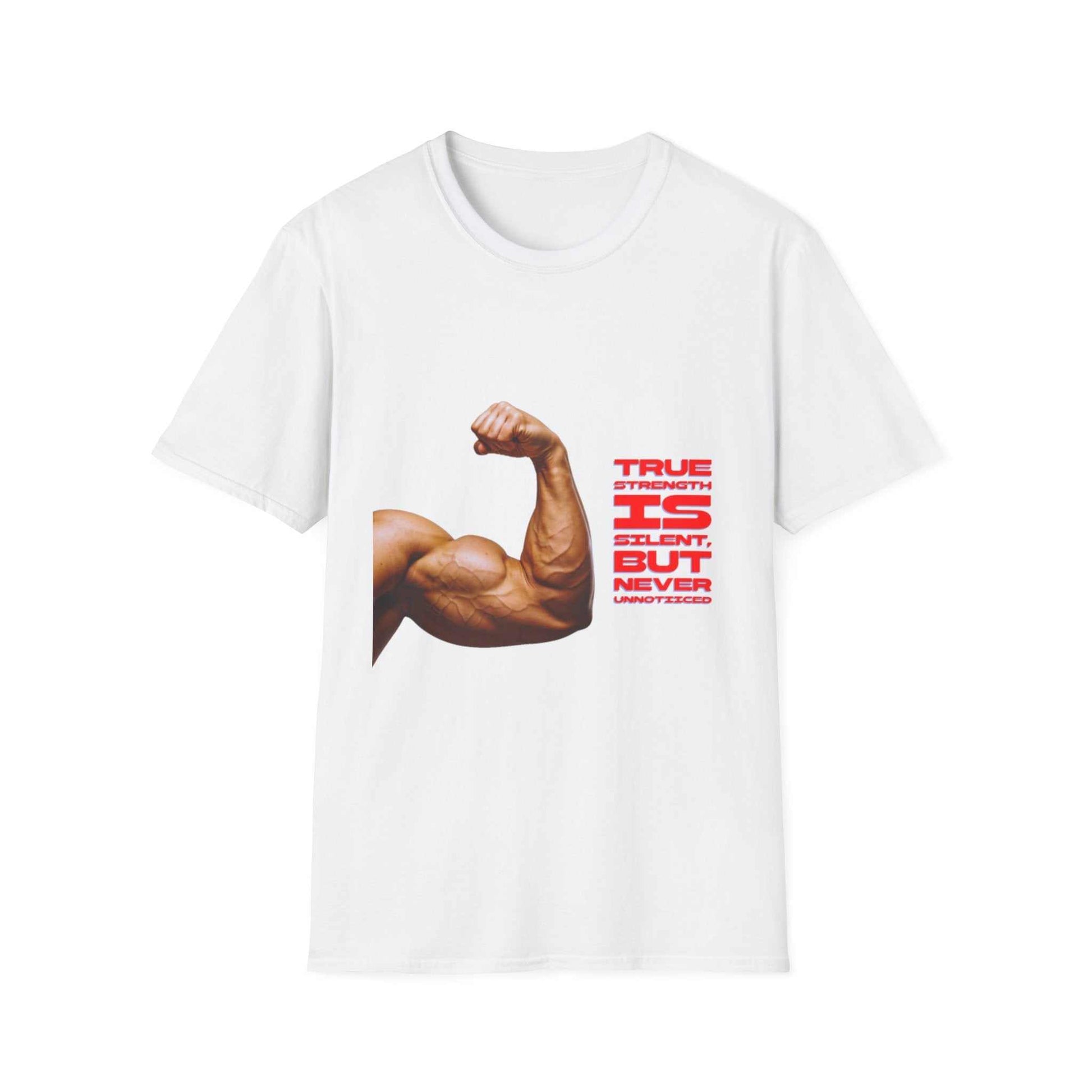 Gym tee- 'True strength is Silent But never Unnoticed Flex T-Shirt gym tee with bold flexing arm graphic and red text, lightweight cotton, breathable and durable design