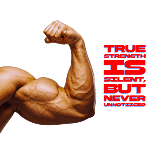 Gym tee- 'True strength is Silent But never Unnoticed Flex T-Shirt gym tee with flexing arm graphic and red text "True Strength Is Silent But Never Unnoticed"