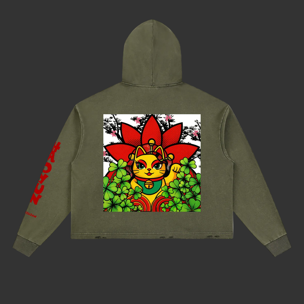 An olive green cropped hoodie shown from the back, featuring a large graphic print of a yellow maneki-neko cat surrounded by red lotus petals and green four-leaf clovers, with red text printed down the left sleeve.
