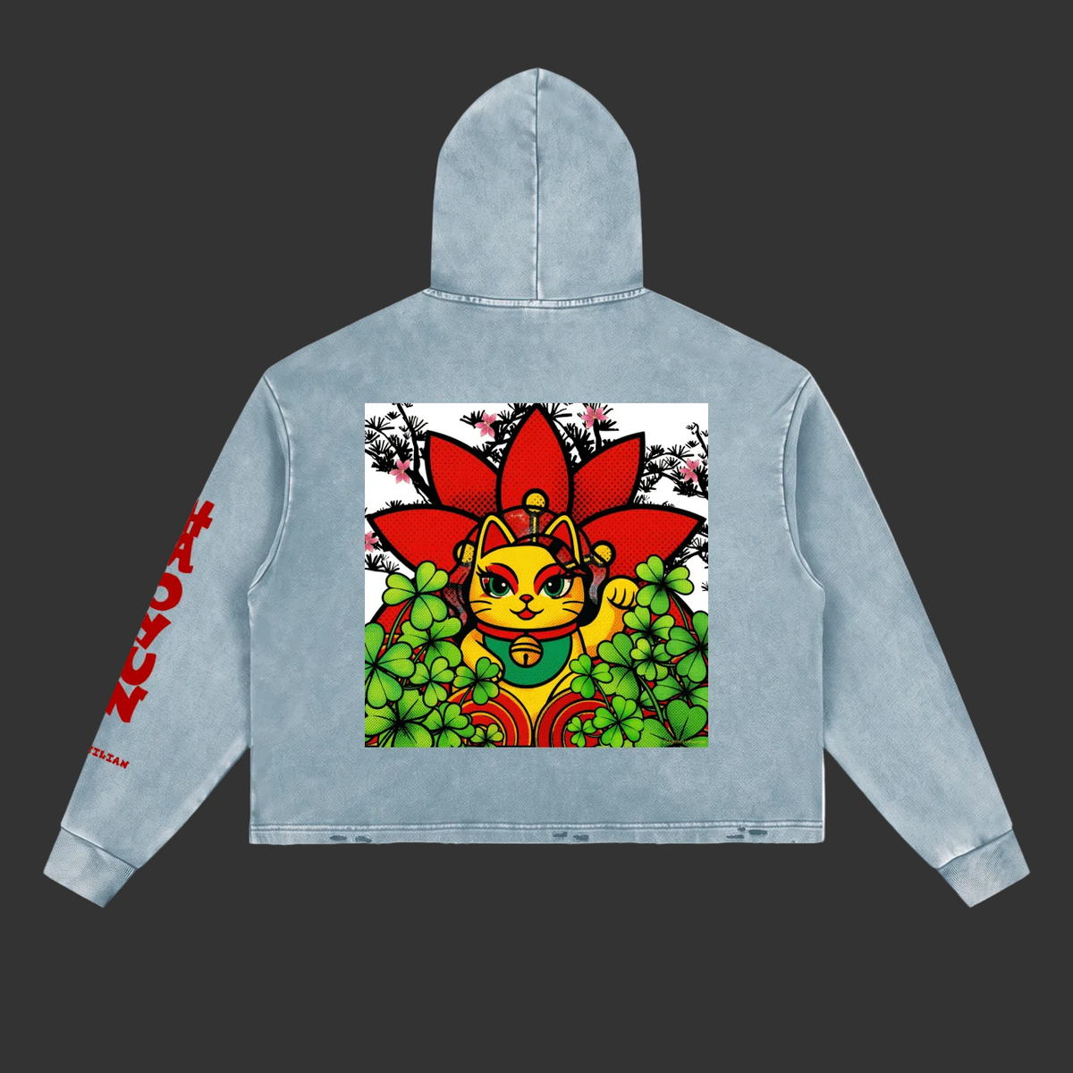 A light blue washed hooded sweatshirt shown from the back, featuring a large graphic print of a yellow cartoon cat surrounded by red flowers and green leaves, with red text printed down one sleeve.