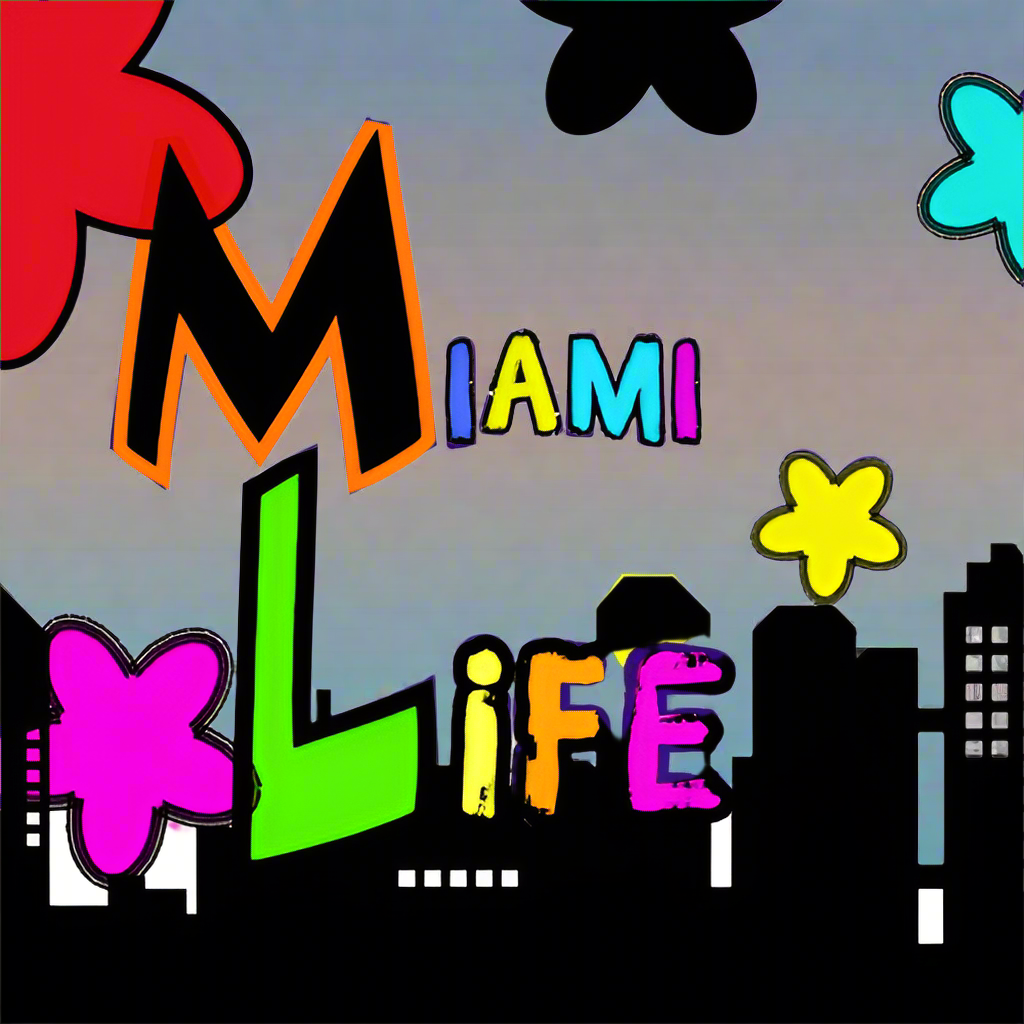 Colorful 'Miami Life' text with cityscape silhouette on a white background